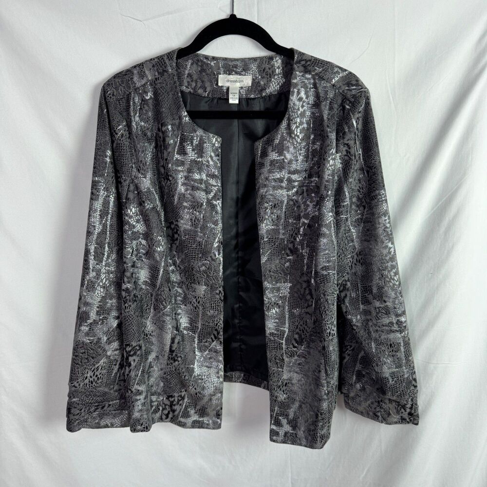 Dressbarn Women's Blazer Jacket Size 1X Gray/Black Print Long Sleeves